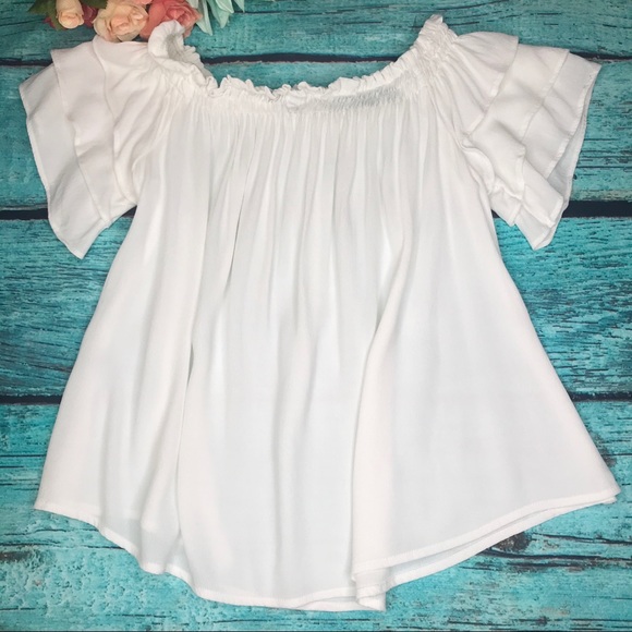 ASTR White Boho Ruched Neck Off Shoulder Blouse - Picture 3 of 5